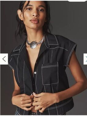 MAEVE Anthropologie Short-Sleeve Collared Pleated Blouse Black Size XS